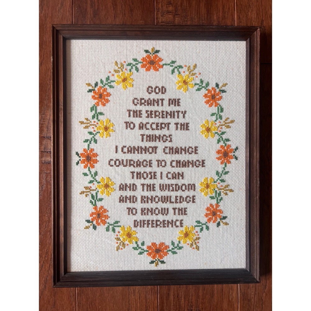 Vintage Serenity Prayer Framed Cross Stitch Floral Wall Art 11x13 Wood Frame